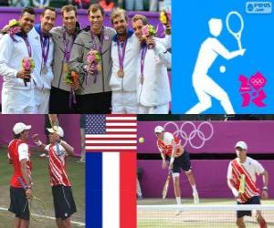 yapboz Tenis Erkekler çiftler podyum çift erkek, Bob Bryan ve Mike Bryan (ABD), Michael Llodra, Jo-Wilfried Tsonga ve Julien Benneteau, Richard Gasquet (Fransa) - Londra 2012-